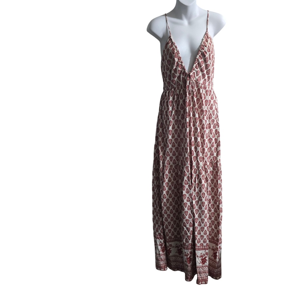 Maxi Dress Womens Medium cream red Border Linen Blend Boho Cottagecore Festival